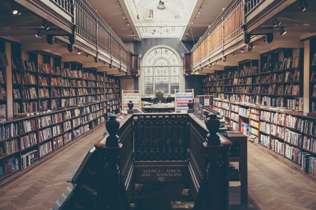 A library full of books from different authors and countries including America, Africa, Europe etc.